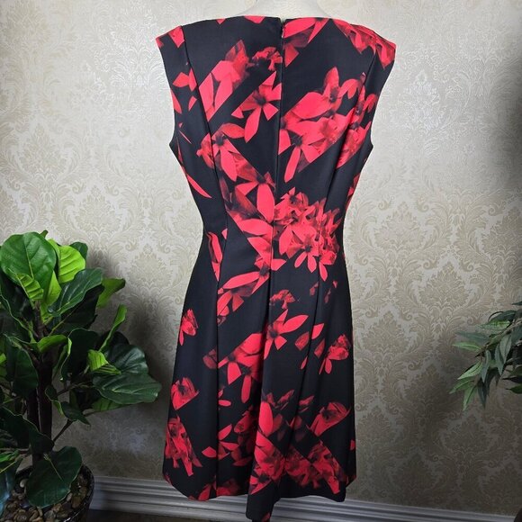 Karl Lagerfeld Sz 14 Black Red Floral Print Sheath Dress Sleeveless Ruched Front - Picture 6 of 14